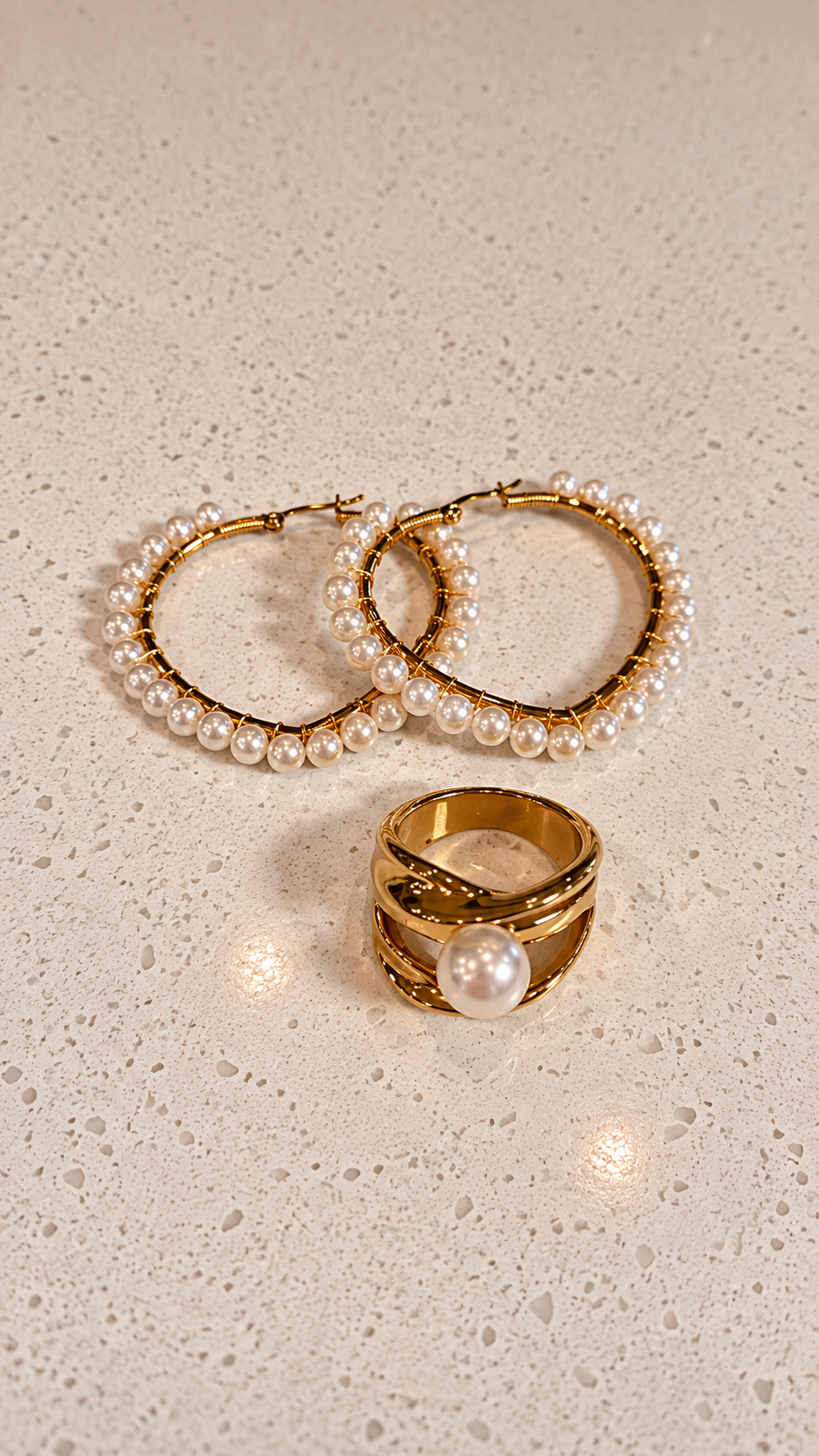 Pieza #51 Set aretes corazón y sortija - oro, perlas