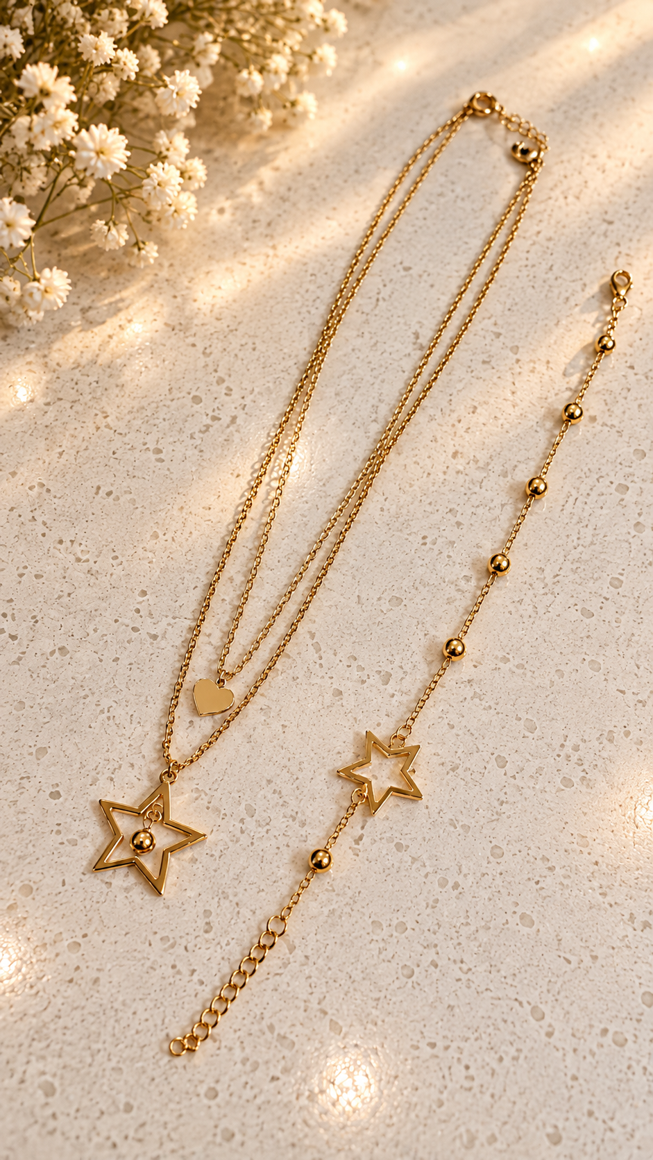 Pieza #85 - Set de collar doble y pulsera estrellas (color oro)