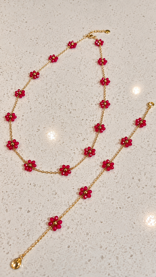 Pieza #5 Set cadena y pulsera flores rojas