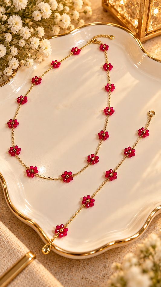 Pieza #5 Set cadena y pulsera flores rojas