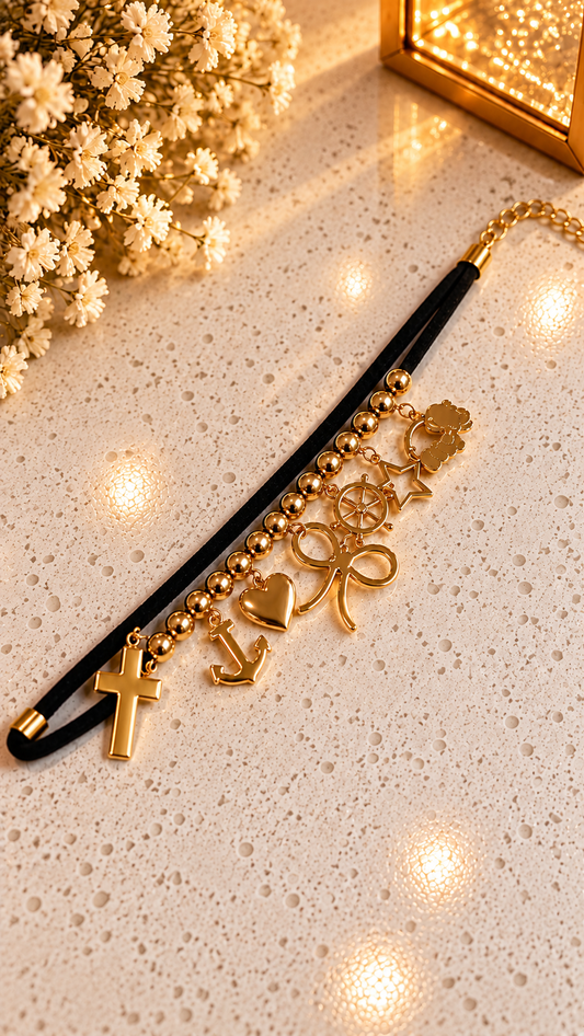 Pieza #67 - Pulsera de charms (color oro y negro)