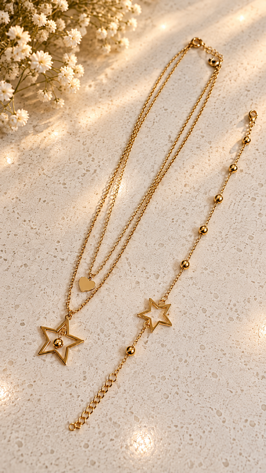 Pieza #85 - Set de collar doble y pulsera estrellas (color oro)