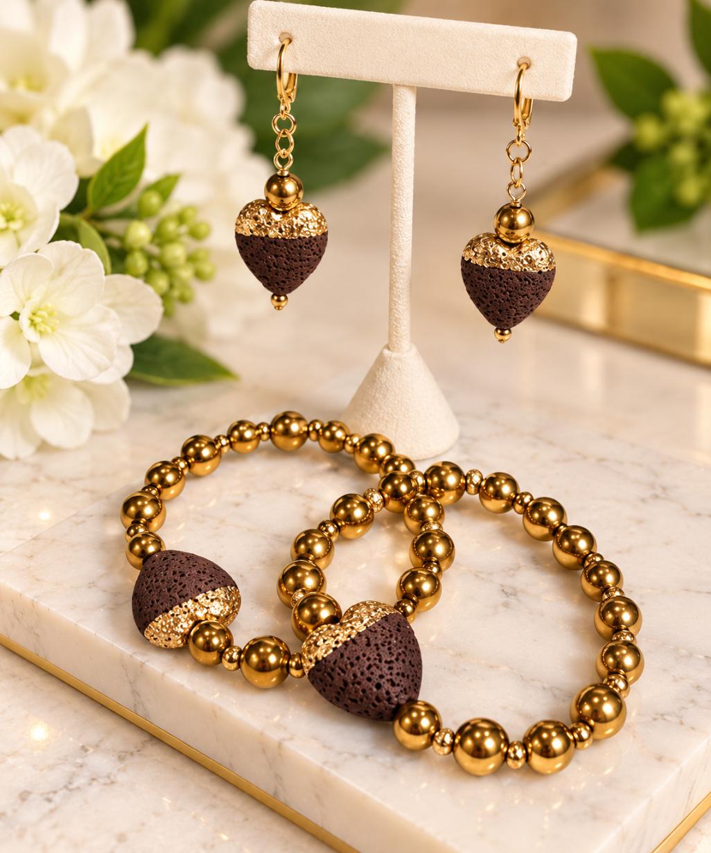 Abi - Set de pulseras y aretes (color oro - marrón)