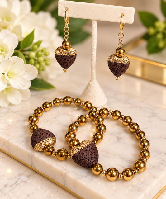 Abi - Set de pulseras y aretes (color oro - marrón)